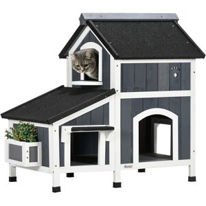 PawHut Wooden Cat House Outdoor with Flower Pot, 2 Tiers Cat Shelter with Window, Multiple Entrances, Water-resistant Roof, Grey