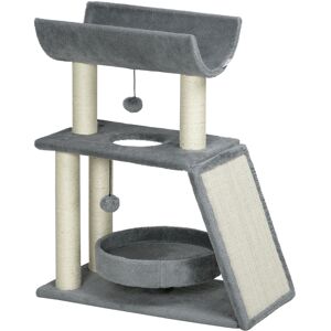 PawHut Cat Tree Tower with Scratching Posts, Cosy Pad, Bed, Perch, Interactive Toy Ball, Light Grey