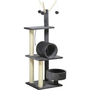 PawHut Cat Tree Tower 121cm, Kitten Activity Centre with Scratching Post, Bed, Tunnel, Perch, Interactive Ball, Grey.