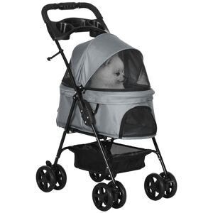 PawHut No-Zip Pet Stroller Dog Cat Travel Pushchair One-Click Fold Trolley Jogger with EVA Wheels Brake Basket Adjustable Canopy Safety Leash Grey