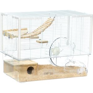 PawHut Hamster Cage, Gerbilarium Cage, Wooden Ramp, Exercise Wheel, Food Bowl, Natural Tone and White