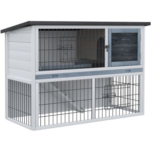 PawHut Small Animal Two-Level Fir Wood Hutch w/ Slide Out Tray Grey