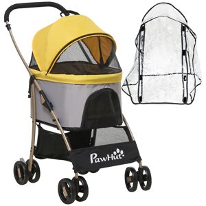 PawHut 3 In 1 Detachable Pet Stroller with Rain Cover, Foldable Cat Dog Pushchair, Universal Wheels, Brake, Canopy, Basket, Yellow