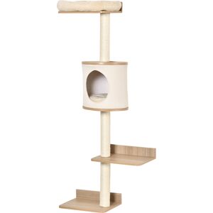 PawHut Cat Tree for Indoor Cats Wall-Mounted Cat Shelf Shelter Kitten Perch Climber Furniture w/ Condo Bed Scratching Post – Beige