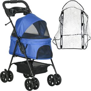 PawHut Dog Stroller with Rain Cover, One-Click Fold Pushchair with Brake, Basket, Adjustable Canopy, Safety Leash, Blue.