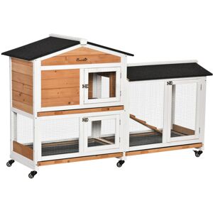 PawHut Two-Tier Wooden Rabbit Hutch Mobile Guinea Pig Cage Bunny Run w/ Wheels, Run, Slide-Out Tray, Ramp