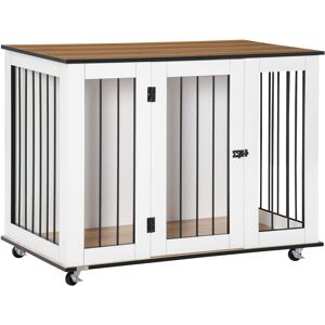 PawHut Dog Cage End Table with Five Wheels, Dog Crate Furniture for Large Sized Dogs, with Front Door Latch, Indoor Use, White