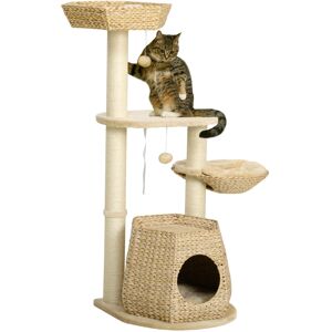 PawHut Cat Tree Tower, Climbing Activity Centre for Kittens with Cattail, Bed, House, Sisal Scratching Post, Hanging Ball, in Natural Tones