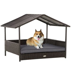 PawHut Rattan Dog House, Elevated Wicker Pet Bed Lounge with Removable Cushion and Canopy, for Small and Medium Dogs, 98 x 69 x 73cm - Grey