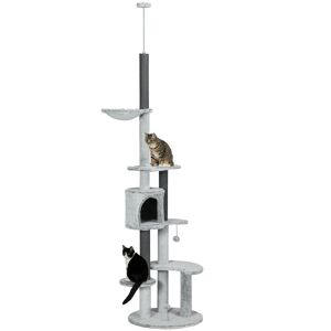PawHut Cat Tree Floor to Ceiling, Adjustable Height Tower with Scratching Posts, Hammock, House, Anti-tip Kit, Perches, Toys, Grey