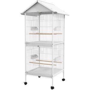 PawHut Budgie Cage with Rolling Stand, Perches, Wheels, Large Parrot Cage for Finch, Canary, Budgie, Cockatiel, White