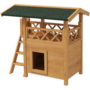 PawHut Cat House Outdoor w/ Balcony Stairs Roof, 77 x 50 x 73 cm, Natural