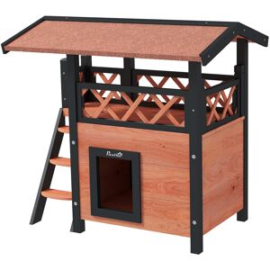 PawHut Cat House Outdoor w/ Balcony Stairs Roof, 77 x 50 x 73 cm, Brown