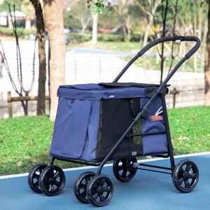 PawHut One-Click Foldable Dog Pushchair w/ EVA Wheels, Storage Bags, Mesh Windows, Doors, Safety Leash, Cushion, for Small Pets - Dark Blue