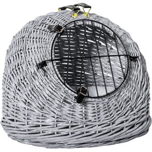 PawHut Wicker Cat Carrier, Portable Pet Basket with Cushion and Handle, Travel Cage for Cats and Kittens, Grey, 50 x 40 x 40 cm