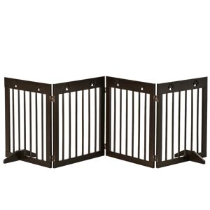 PawHut Freestanding Pet Gate 4 Panel Wooden Dog Barrier Folding Safety Fence with Support Feet up to 204cm Long 61cm Tall for Doorway Stairs Brown