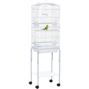 PawHut Metal Parrot Cage with Breeding Stand, Feeding Tray, Mobile Wheels for Parakeet Bird Care, Spacious Interior, Snow White