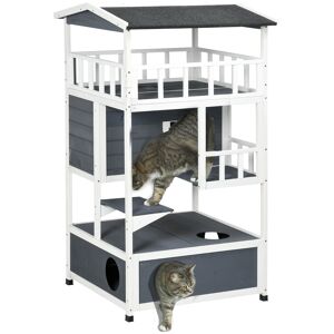 PawHut Cats Fir Wood 3-Tier Waterproof Play House Grey