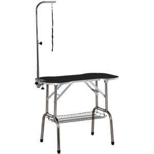 PawHut Foldable Pet Grooming Table Dog Drying Table with Adjustable Arm Non-Slip Rubber Tabletop Aluminium Alloy Edge Stainless Steel Bar Sling Black