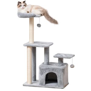 PawHut Cat Climbing Tower, 114cm Tall Activity Centre with Sisal Scratching Posts, Perch, Hanging Ball, Condo, Light Grey