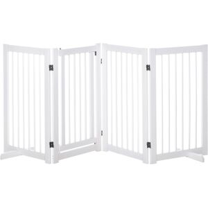 PawHut Wooden Freestanding Pet Gate 4 Panels 91cm Foldable Dog Safety Fence with 2 Support Feet Walk-through Door for Doorway Stairs White