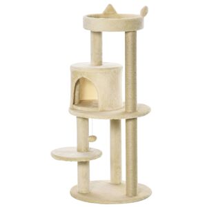PawHut Sisal-Covered Cat Tree Tower, Pet Activity Centre with Scratching Post, Cosy Perch, Beige, 48 x 48 x 104cm