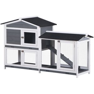 PawHut Wooden 2-Tier Rabbit Hutch w/ Tray Ramp Grey