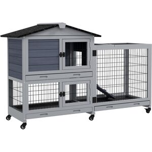 PawHut Portable Rabbit Cage, Rabbit Hutch with Run, Wheels, 3 Slide-out Trays, Ramp, Openable Top for Outdoor Indoor - Grey