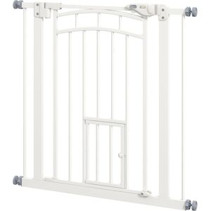 PawHut Safety Pet Gate, Pressure Fit Stair Gate with Cat Door, Auto Close, Double Lock, 74-80cm, White