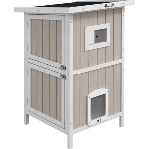 PawHut Outdoor 2 Tiers Wooden Cat Shelter w/ Removable Bottom, Escape Doors, Asphalt Roof, for 1-2 Cats - Light Grey