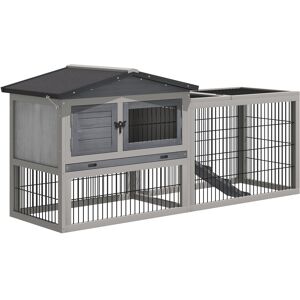 PawHut Small Animal Two-Level Fir Wood Hutch w/ Ramp Burnt Grey