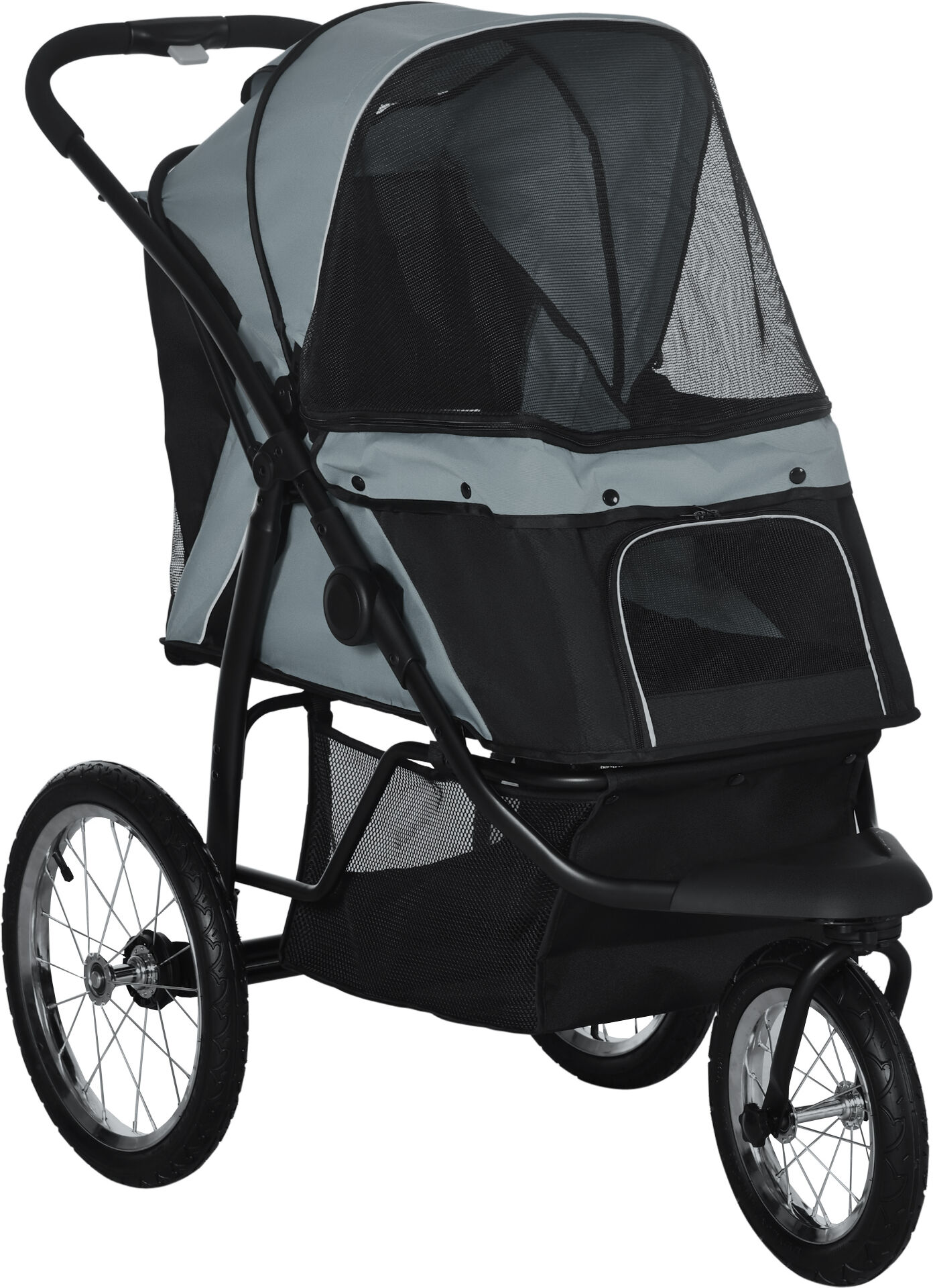 PawHut Pet Stroller Jogger for Medium Small Dogs, Foldable Cat Pram Dog Pushchair with Adjustable Canopy, 3 Big Wheels, Grey