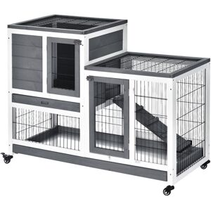 PawHut Wooden Indoor Guinea Pigs Hutches Elevated Cage Habitat with Enclosed Run with Wheels, Ideal for Rabbits and Guinea Pigs, Grey and White
