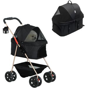 PawHut 3 in 1 Pet Stroller, Folding 4 Wheels Dog Pram with Detachable Carrier for Mini Dogs Cats, Black
