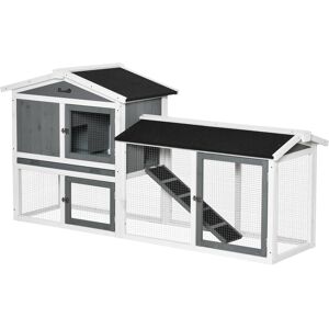PawHut 2 Tier Wooden Rabbit Hutch, Guinea Pig Cage, Bunny Run, Small Animal House with Run Box, Slide-out Tray, 175.8 x 52 x 85.5cm, White