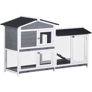 PawHut Wooden 2-Tier Rabbit Hutch w/ Tray Ramp Grey