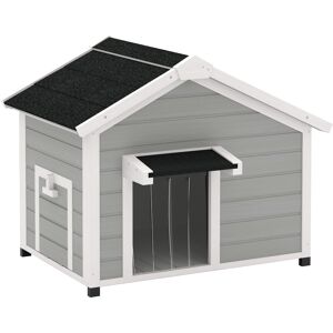 PawHut Wooden Dog House Outdoor with Openable Roof, Removable Floor, Curtain, Elevated Feet, for Medium Dogs, Light Grey