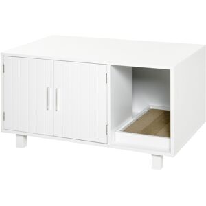 PawHut Wooden Cat Litter Box Enclosure & House with Nightstand/End Table Design, Scratcher, & Magnetic Doors, White Aosom UK