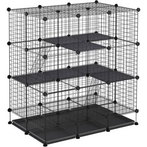 Pawhut 3 Level DIY Pet Playpen Metal Small Animal Cage Guinea Pig Rabbit Ferret Chinchillas Cage 4 Doors Bottom Trays Black Aosom UK