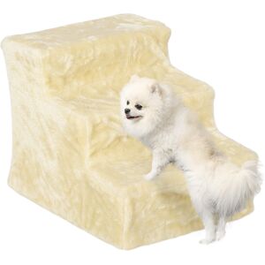 PawHut Dog Steps, Three-Step Dog Stairs with Washable Plush Cover, for High Bed Sofa, Dog Stairs for Small Dog and Cat - Beige Aosom UK