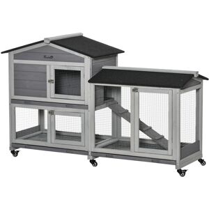 PawHut Two-Tier Rabbit Hutch and Run Wooden Mobile Guinea Pig Hutch Bunny Cage w/ Wheels, Run, Slide-Out Tray, Ramp 157.4 x 53 x 99.5 cm Aosom UK
