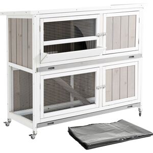PawHut Wooden Rabbit Hutch Two-Tier Guinea Pig Cage Elevated Multi-Door Pet House Bunny Cage w/ Rain Cover, Wheels, Slide-Out Tray, Grey Aosom UK