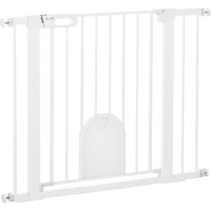 PawHut Dog Gate with Cat Flap Pet Safety Gate Barrier, Stair Pressure Fit, Auto Close, Double Locking, for Doorways, Hallways, 75-103 cm White