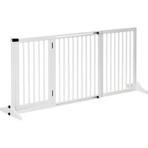PawHut Adjustable Wooden Pet Gate Freestanding Dog Barrier Fence Doorway 3 Panels Safety Gate w/ Lockable Door White 71H x 113-166W cm Aosom UK