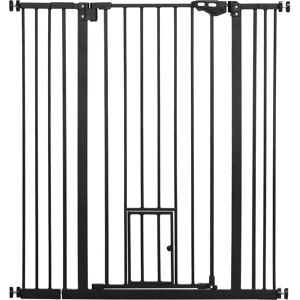 PawHut Extra Tall Pet Gate, Indoor Dog Safety Gate, with Cat Flap, Auto Close, 74-101cm Wide - Black