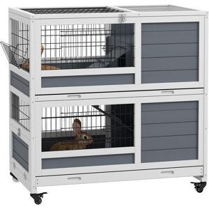 PawHut Double Deckers Guinea Pig Cage Rabbit Hutch Indoor with Feeding Trough, Trays, Ramps, Openable Top - Grey Aosom UK PawHut Double Deckers Guinea Pig Cage Rabbit Hutch Indoor with Feeding Trough, Trays, Ramps, Openable Top - Grey Aosom UK