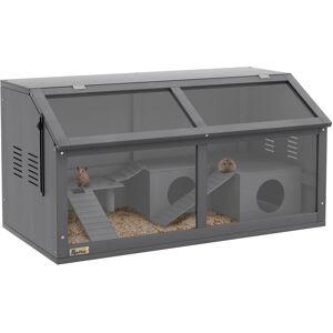 PawHut Hamster Cage, Wooden Small Animal Cage for Gerbils, Mice w/ Suspension Bridge, Openable Top, Hut, 85 x 45 x 44cm - Grey PawHut Hamster Cage, Wooden Small Animal Cage for Gerbils, Mice w/ Suspension Bridge, Openable Top, Hut, 85 x 45 x 44cm - Grey