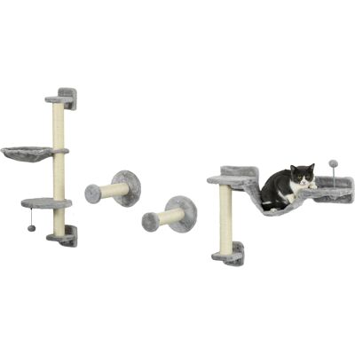 PawHut Cat Shelves Fit Cat Up to 5kg, 4-Piece Set with Hammock, Perches, Ladder, Scratching Post, Safe for Cats to Play, Grey Aosom UK PawHut Cat Shelves Fit Cat Up to 5kg, 4-Piece Set with Hammock, Perches, Ladder, Scratching Post, Safe for Cats to Play, Grey Aosom UK