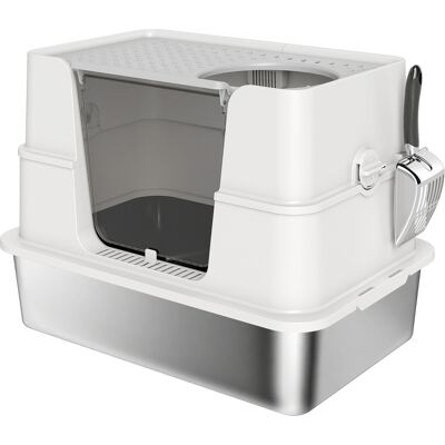 PawHut XL Stainless Steel Litter Box w/ 100° Flip Top, Scoop, Side Top Dual Entry, Odor Free, Easy Cleaning, Anti Leakage PawHut XL Stainless Steel Litter Box w/ 100° Flip Top, Scoop, Side Top Dual Entry, Odor Free, Easy Cleaning, Anti Leakage