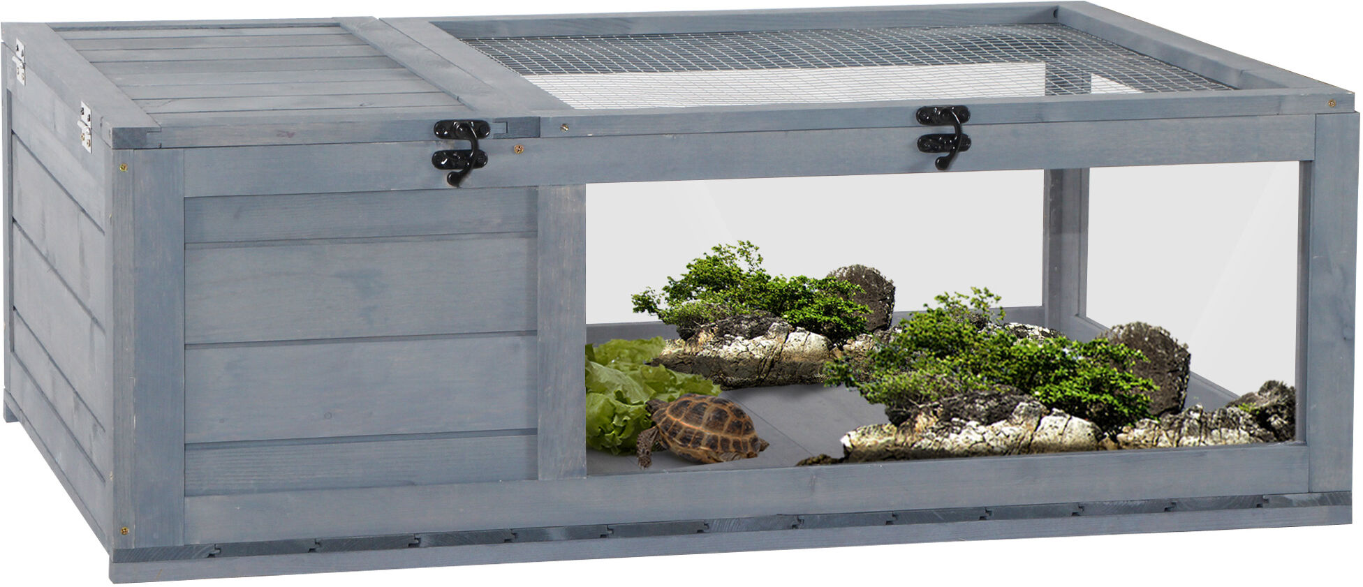 PawHut Tortoise House with Mesh Roof, Small Pet Reptile Wooden House, Tortoise Enclosure with Pulled-out Side Panel for Indoor, Outdoor, Grey